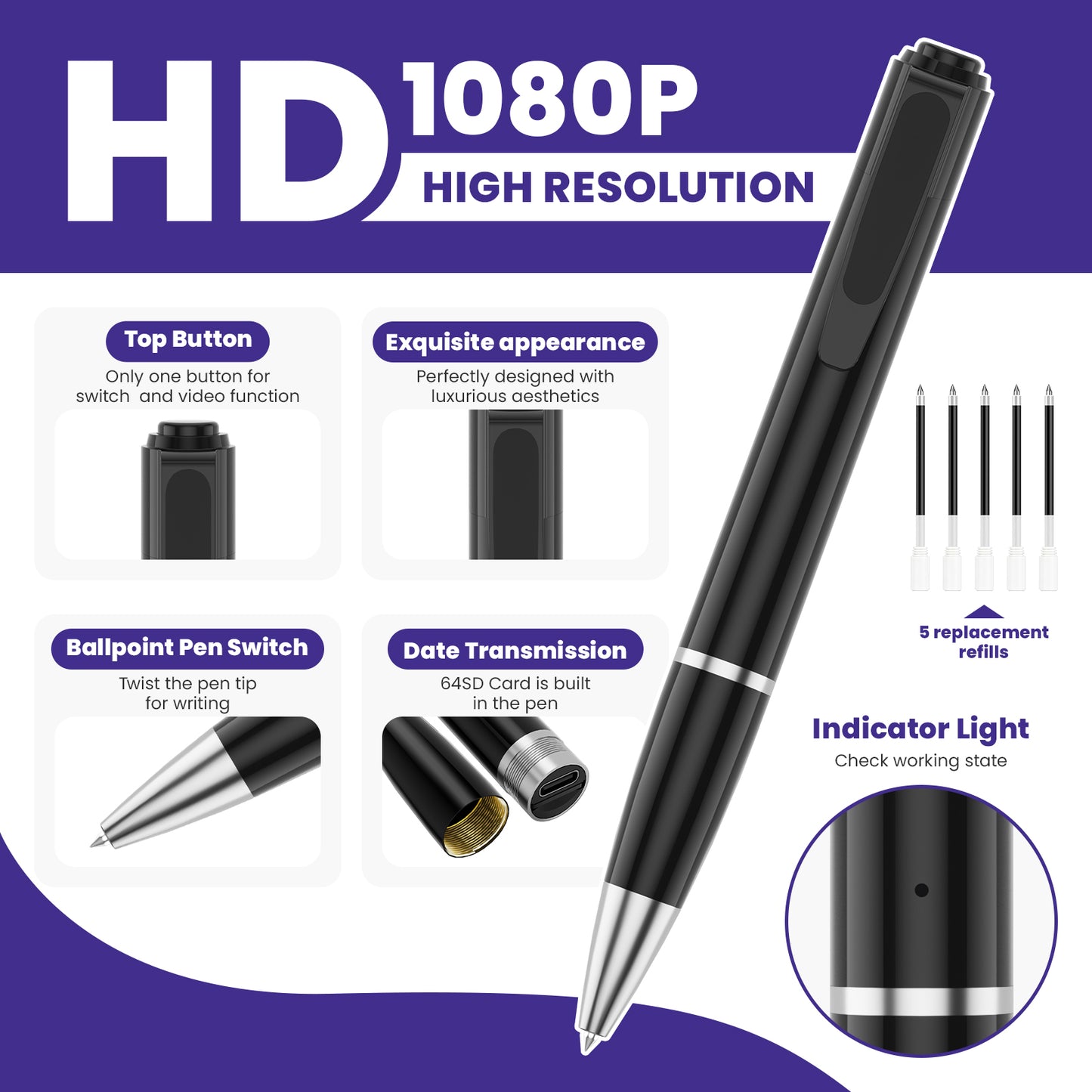 Bolígrafo con cámara corporal de 64G 1080P HD H5 - Bolígrafo espía oculto portátil