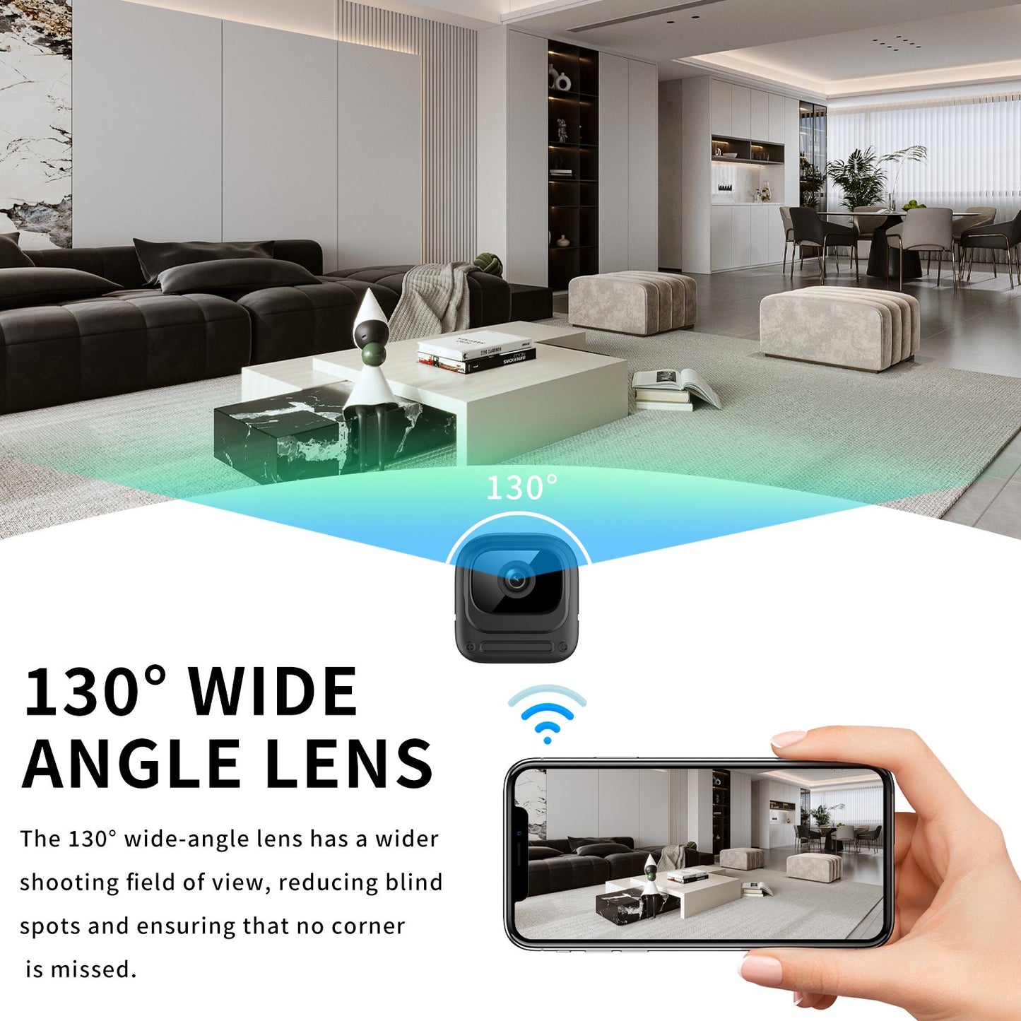 Mini cámara de seguridad WiFi 1080P – Gran angular de 130°, visión nocturna, alertas de movimiento y control remoto por aplicación (W08)