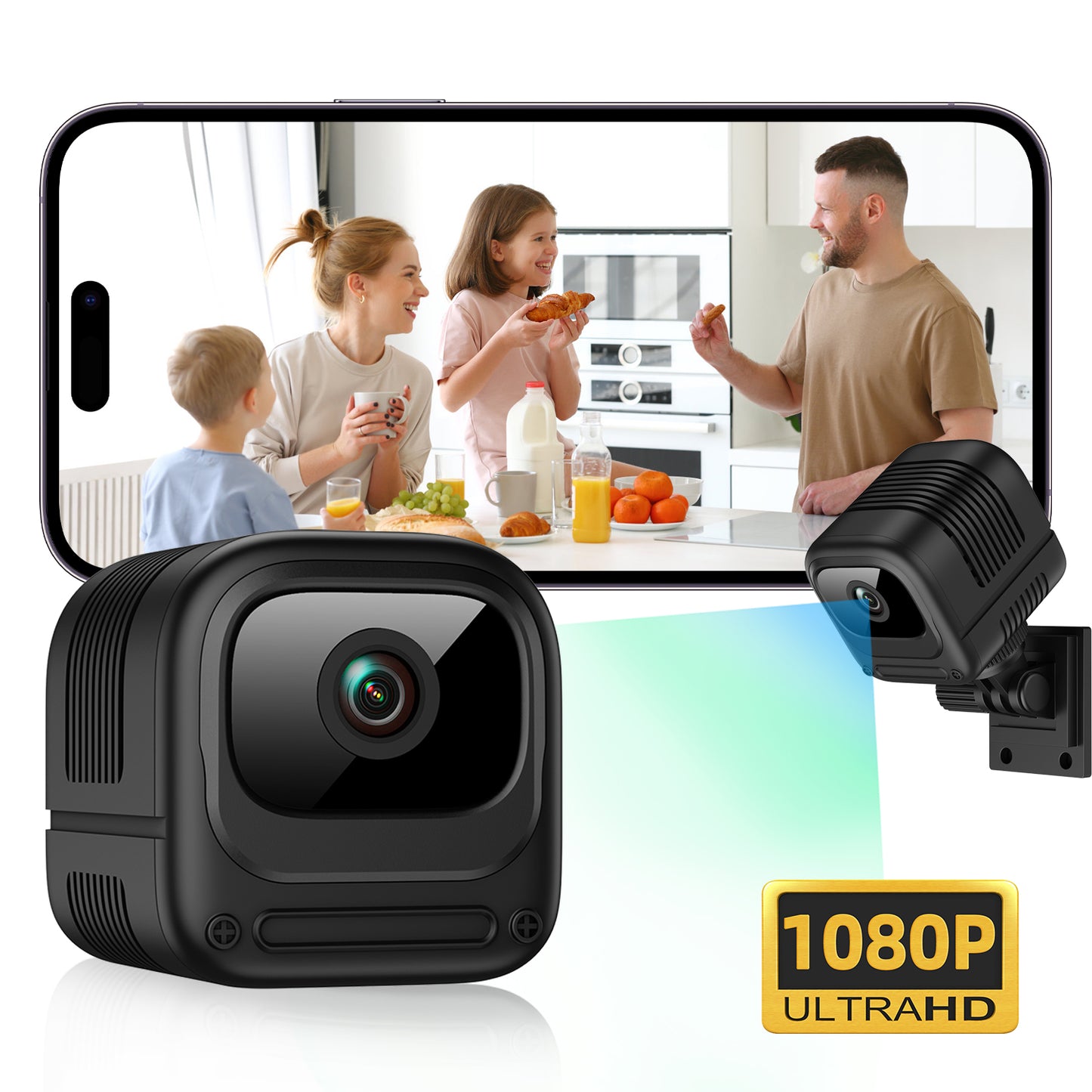 Mini cámara de seguridad WiFi 1080P – Gran angular de 130°, visión nocturna, alertas de movimiento y control remoto por aplicación (W08)