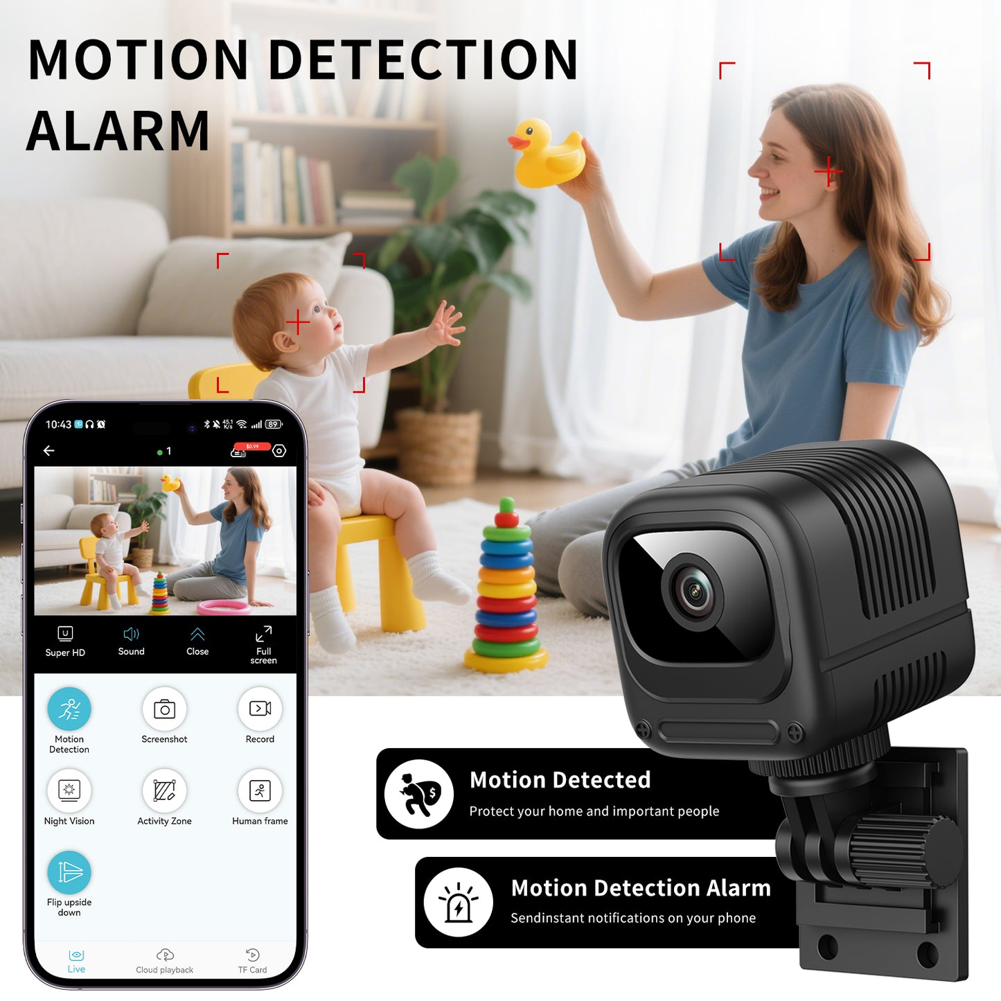 Mini cámara de seguridad WiFi 1080P – Gran angular de 130°, visión nocturna, alertas de movimiento y control remoto por aplicación (W08)
